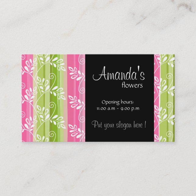 Green and pink flowers & stripes Business Card (Front)