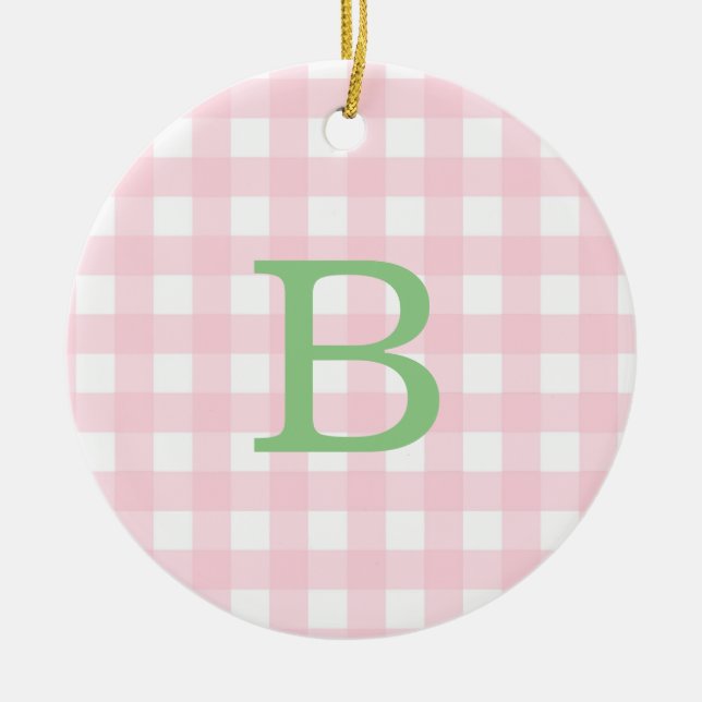 Green and Pink Gingham Monogram Ceramic Ornament (Front)