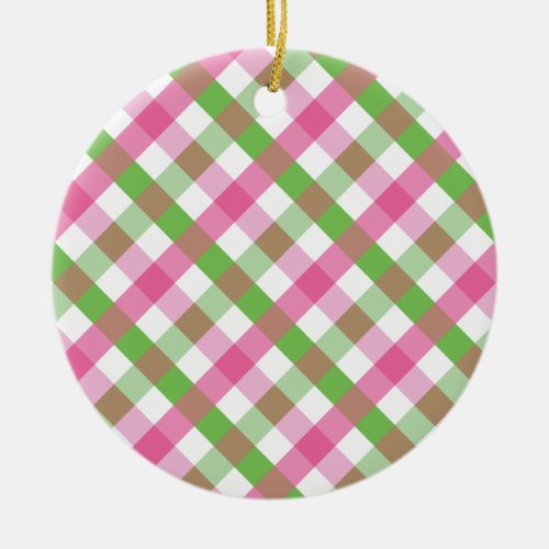 Green and Pink Gingham Net Ceramic Ornament