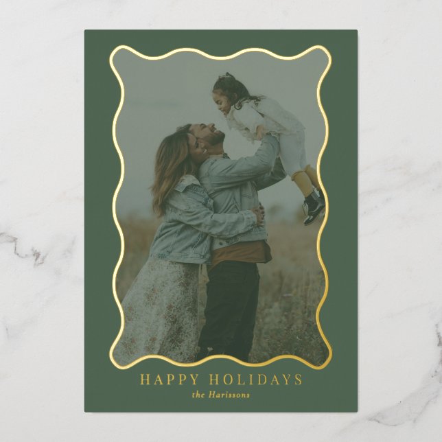 Green and Pink Gold Wavy Frame Holiday Photo Card (Front)