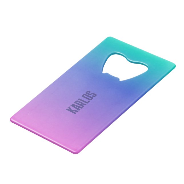 Green and pink gradient background credit card bottle opener (Back Angled)