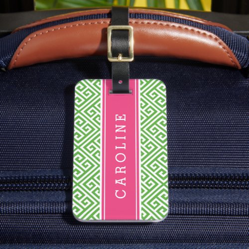 Green and Pink Greek Key Custom Monogram Luggage Tag