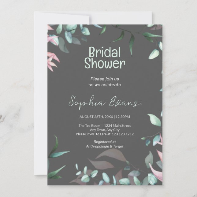 Green and Pink Greenery Gray Bridal Shower Invitation (Front)