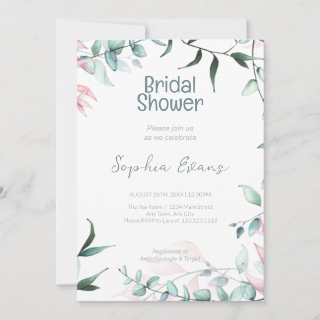 Green and Pink Greenery White Bridal Shower Invitation (Front)