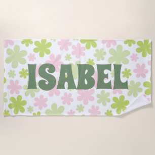 Green and Pink Groovy Floral Custom Name Beach Towel