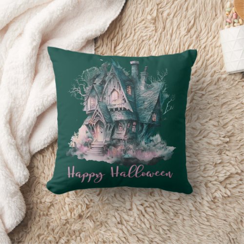 Green and Pink Haunted House Green Happy Halloween Throw Pillow