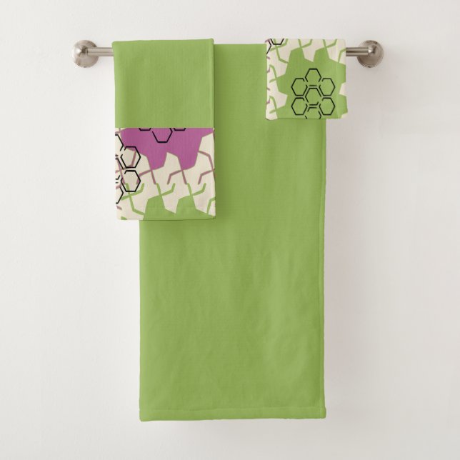 Green and Pink Hexagonal  Bath Towel Set (Insitu)