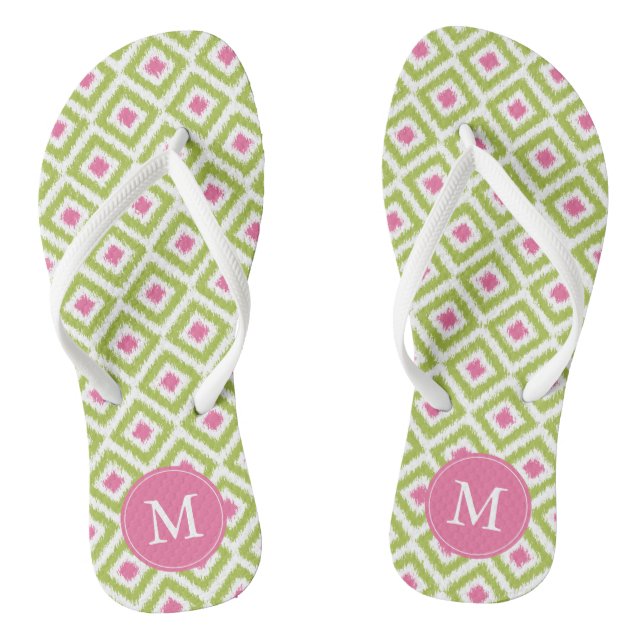 Green and Pink Ikat Pattern Flip Flops (Footbed)
