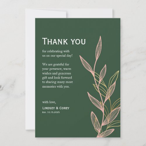 Green and Pink Leaf Thank You Card for Wedding