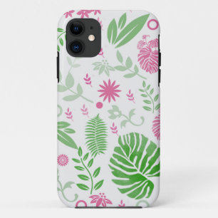 Green and pink leaves and flowers iPhone 11 case