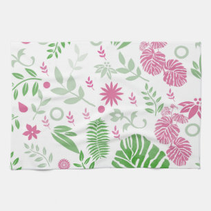 Green and pink leaves and flowers kitchen towel