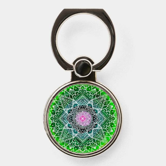 Green and Pink Mandala Abstract Colorful Phone Ring Stand (Front)