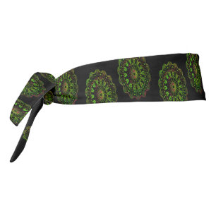 Green and pink mandala on black tie headband