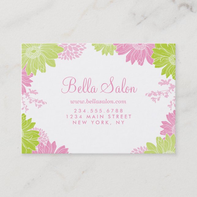 Green and Pink Modern Floral Business Cards (Front)