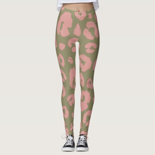 Green and Pink Modern Leopard Pattern Leggings