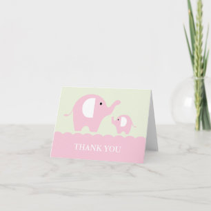 Green and Pink Mom and Baby Elephants Letterpress Thank You Card