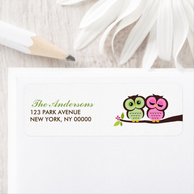Green and Pink Owls Wedding Label (Insitu)