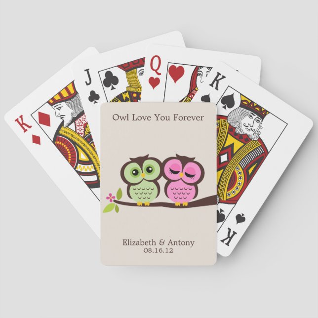 Green and Pink Owls Wedding Poker Cards (Back)