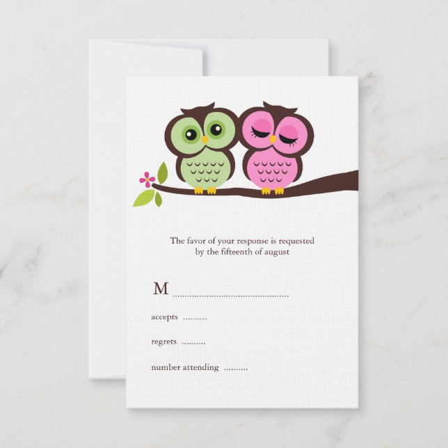 Green and Pink Owls Wedding RSVP Card (Front)