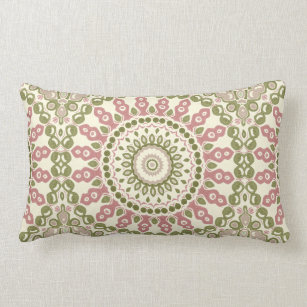 Green and Pink Painted Medallion Pattern Lumbar Pillow