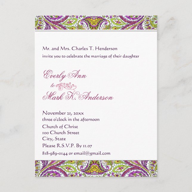 Green and Pink Paisley Wedding  Invitation Postcard (Front)