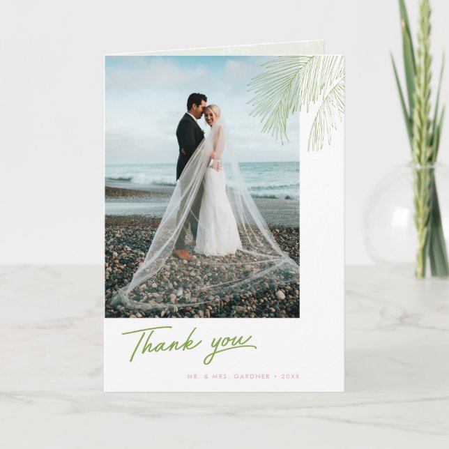 Green and Pink Palm Leaves Tropical Beach Wedding Thank You Card (Front)