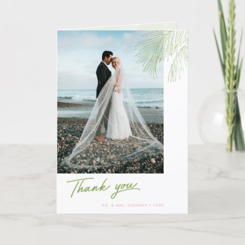 Green and Pink Palm Leaves Tropical Beach Wedding Thank You Card