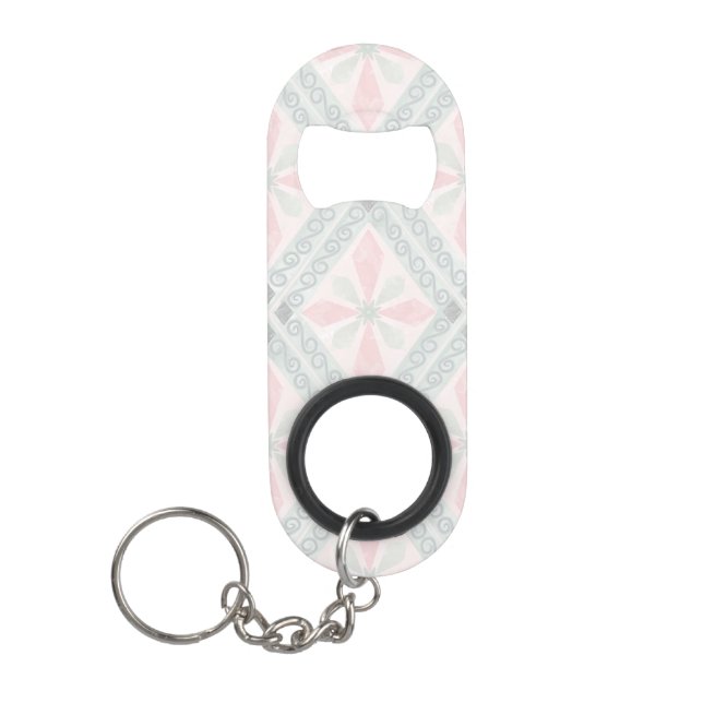 Green and pink pastel diamond pattern keychain bottle opener (Front)