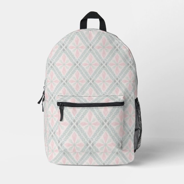 Green and pink pastel diamond pattern printed backpack (Front)