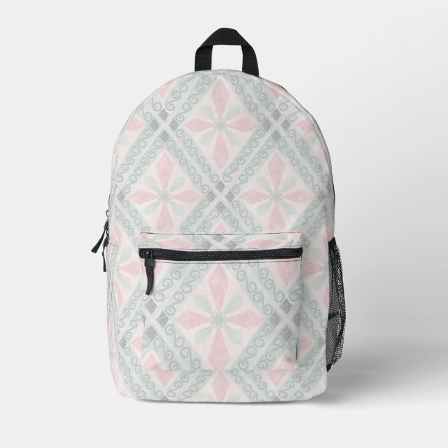 Green and pink pastel diamond pattern printed backpack (Front)