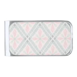 Green and pink pastel diamond pattern silver finish money clip
