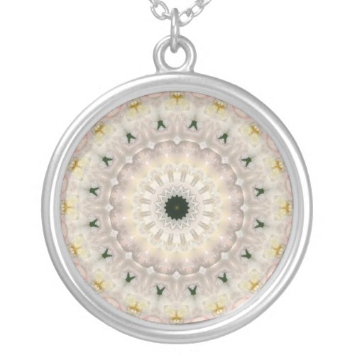 Green and Pink Peony Mandala Silver Plated Necklace