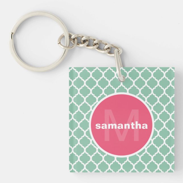 Green and Pink Quatrefoil Monogram Keychain (Front)