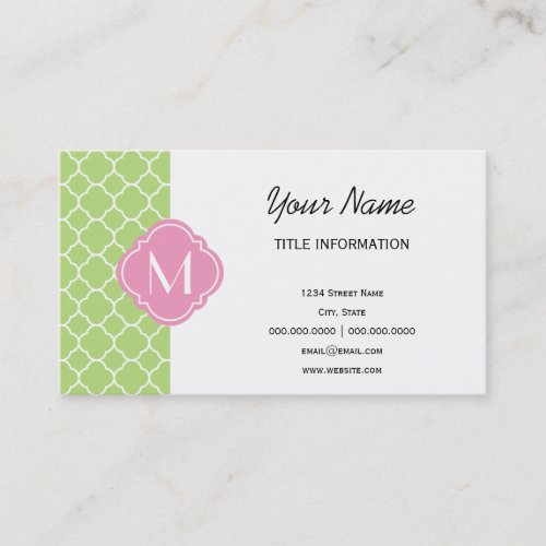 Green and Pink Quatrefoil Pattern with Monogram Business Card Template