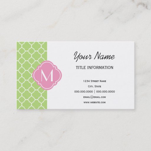 Customizable Green and Pink Quatrefoil Pattern with Monogram Business Card Template