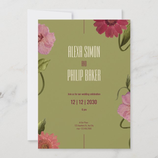 Green and Pink, Red Watercolor Flower Wedding Invitation (Front)