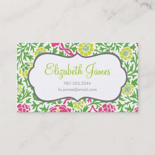Customizable Green &amp; Pink Retro Floral Damask Business Card Templates