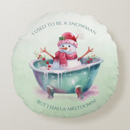 Green and Pink Snowman In A Bathtub Round Pillow