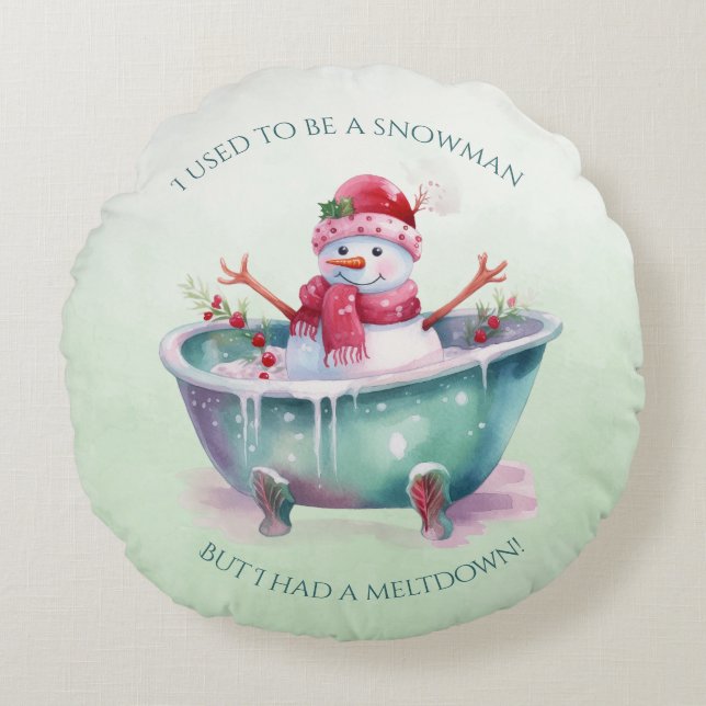 Green and Pink Snowman In A Bathtub Round Pillow (Front)
