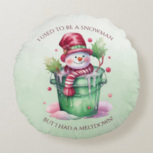 Green and Pink Snowman In A Pail of Water Round Pillow