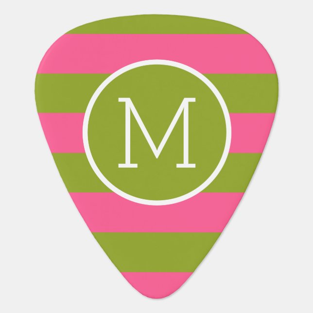 Green and Pink Striped Pattern Custom Monogram Guitar Pick (Front)