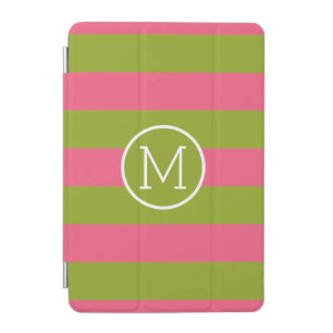 Green and Pink Striped Pattern Custom Monogram iPad Mini Cover