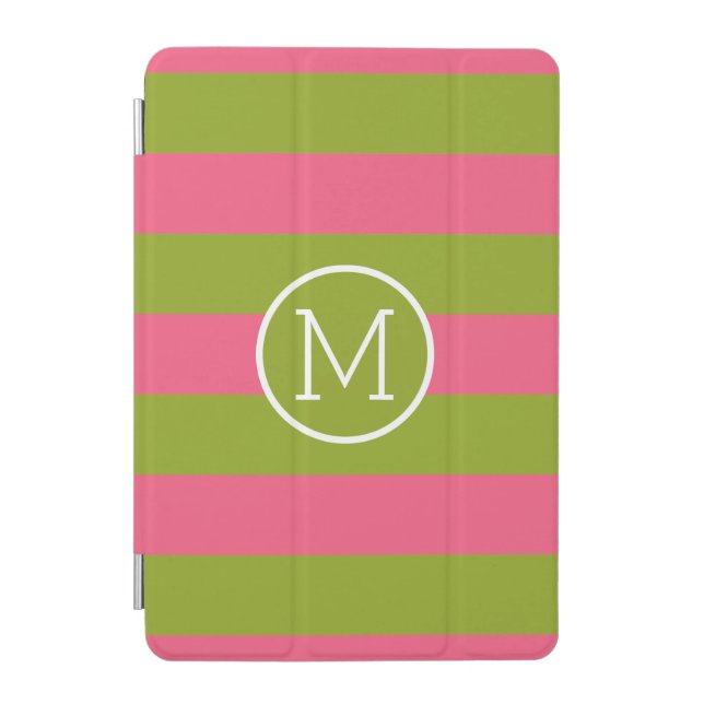 Green and Pink Striped Pattern Custom Monogram iPad Mini Cover (Front)