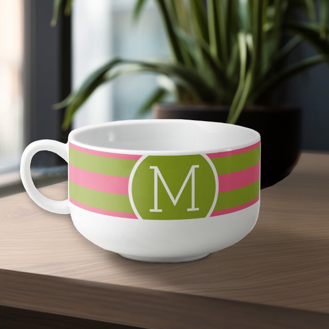 Green and Pink Striped Pattern Custom Monogram Soup Mug (Personalized Soup Mug - Add Your Text for a Great Gift)