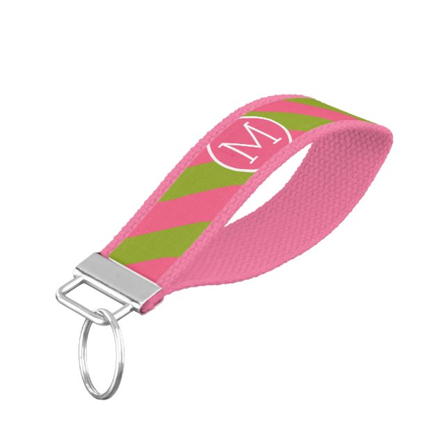 Green and Pink Striped Pattern Custom Monogram Wrist Keychain (Angled Down)