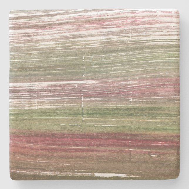 Green and pink stripes art stone coaster (Front)