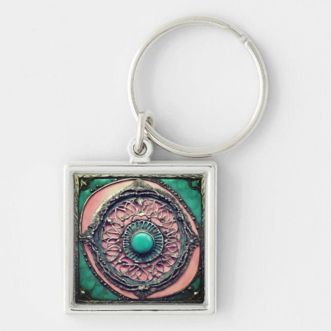 Green and pink Tourmaline Metal Art Keychain (Front)