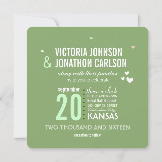 Green and Pink Trendy Geometric Typography Wedding Invitation (Front)