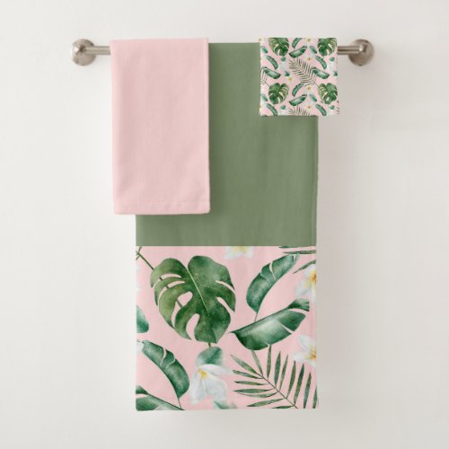 Green and Pink Tropical Leaves Bath Towel Set