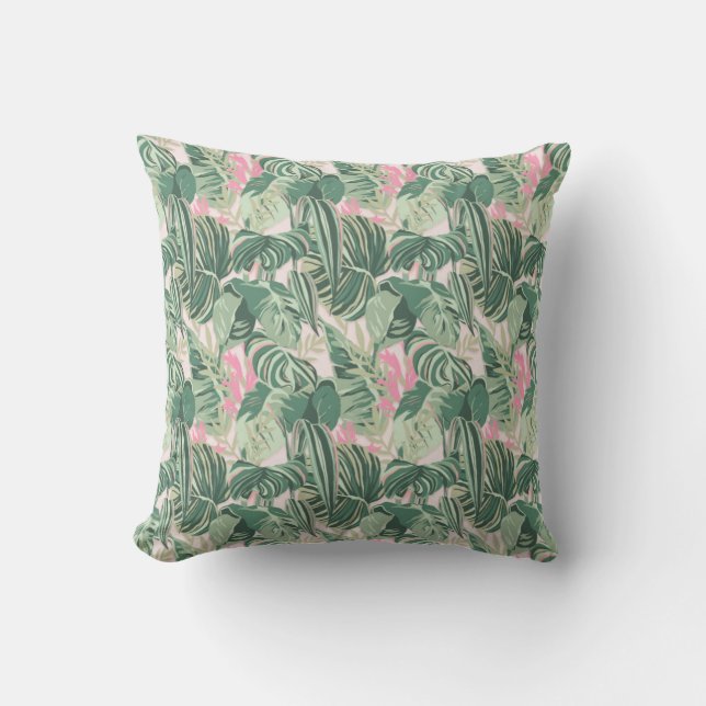 Green and Pink Tropical Leaves | Cabana Outdoor Pillow (Front)
